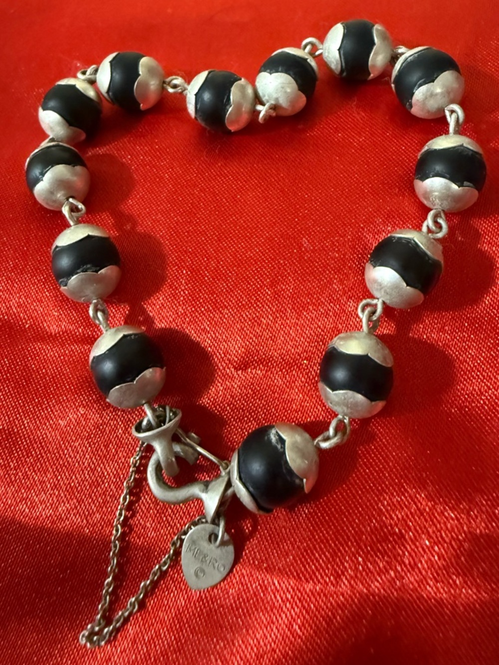 Authentic Me & Ro Sterling Silver Full Flower Onyx Bead Sterling Bracelet